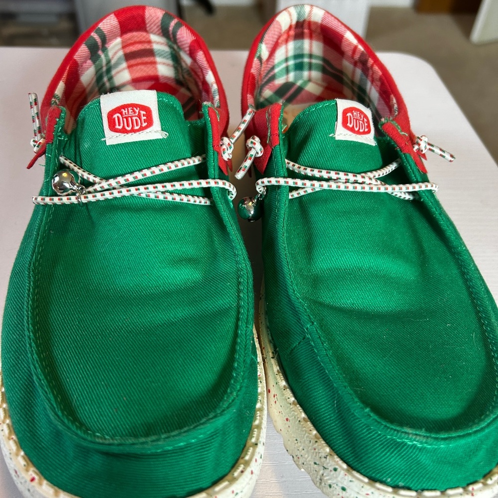 Hey Dude Elf Festive Sneakers with Red Plaid and bells!